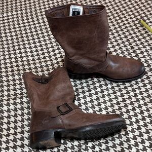Frye Dark Brown Leather Buckle Boots